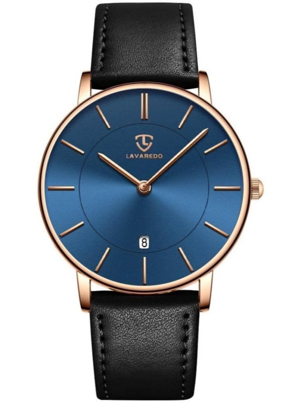 LAVAREDO Men's Black Blue Minimalist Wrist Watch Leather Strap And Date Display